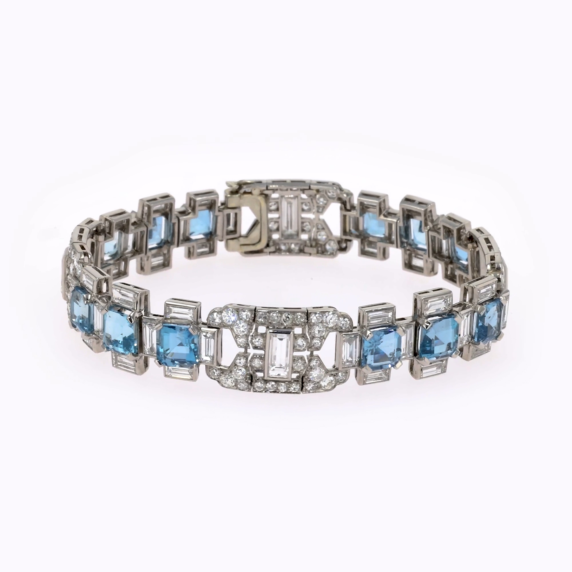 French Art Deco Aquamarine & Diamond bracelet 11.00cts in Platinum ...