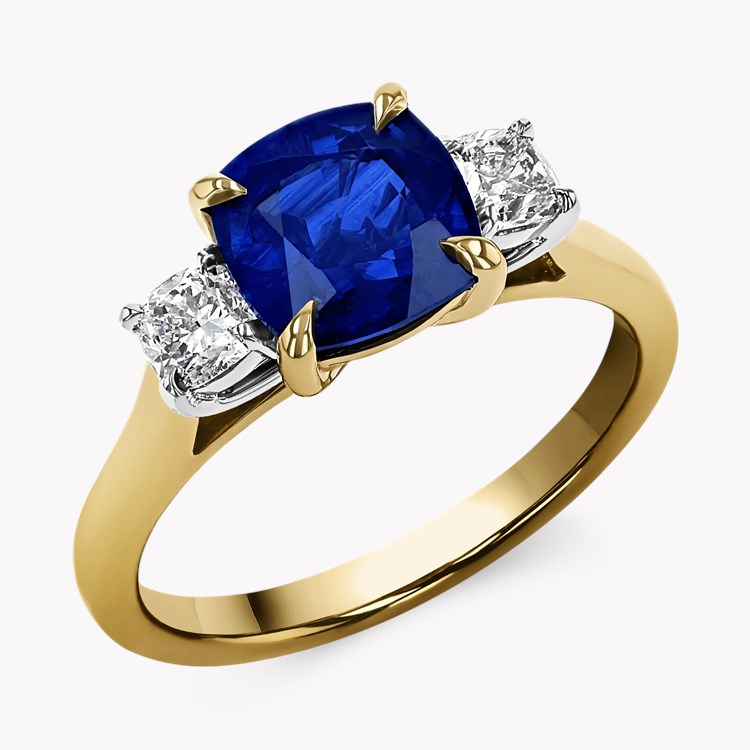 Classic 2.56ct Sapphire and Diamond Three Stone Ring Cushion Cut, Claw Set_1