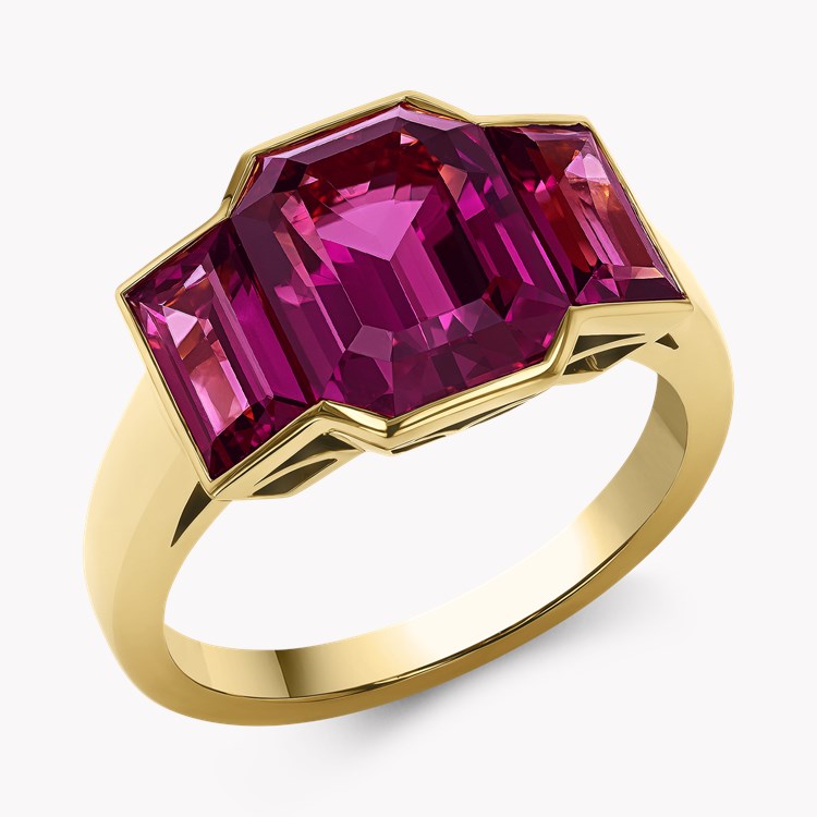 Kingdom 6.22ct Rhodolite Garnet Three Stone Ring Emerald Cut, Rubover Set_1