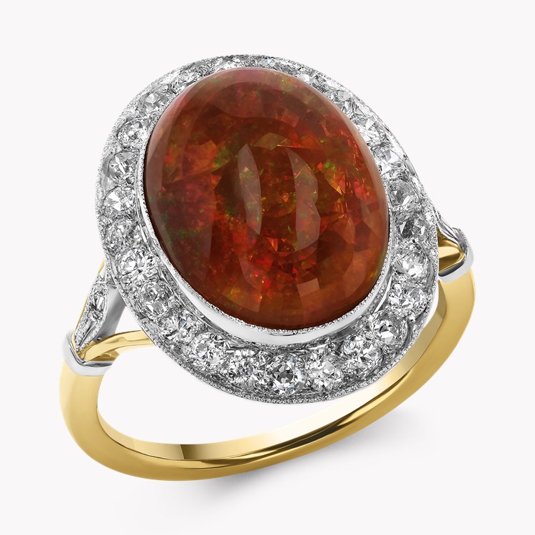 Edwardian 5.18ct Fire Opal and Diamond Halo Ring Cabochon Cut, Millegrain Set_1