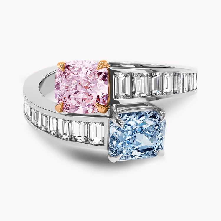 Masterpiece 2.65ct Pink and Blue Diamond Toi et Moi Ring Radiant and Cushion Cut, Claw Set_2