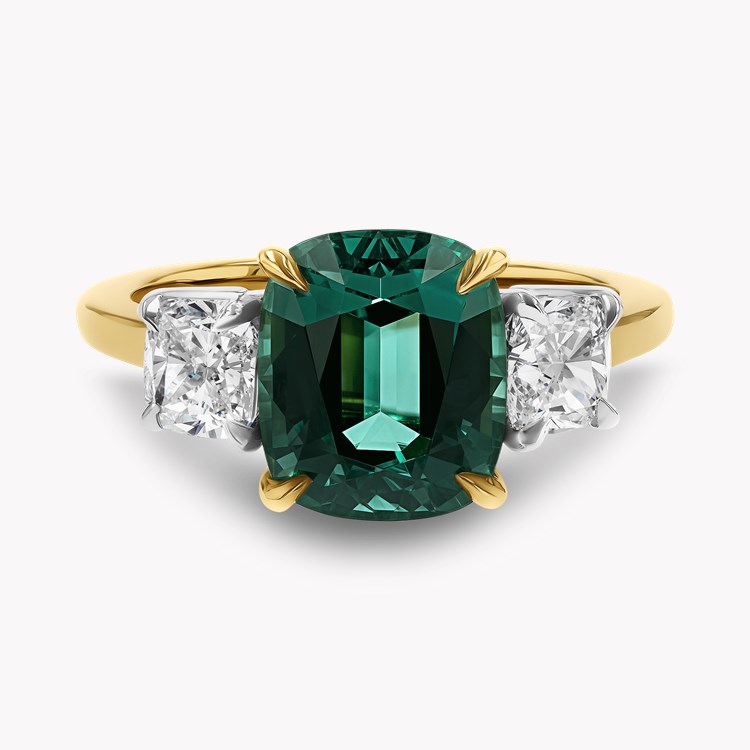 Cushion Cut 3.52ct Namibian Lagoon Tourmaline and Diamond Three Stone Ring Cushion modern cut, Claw set_2