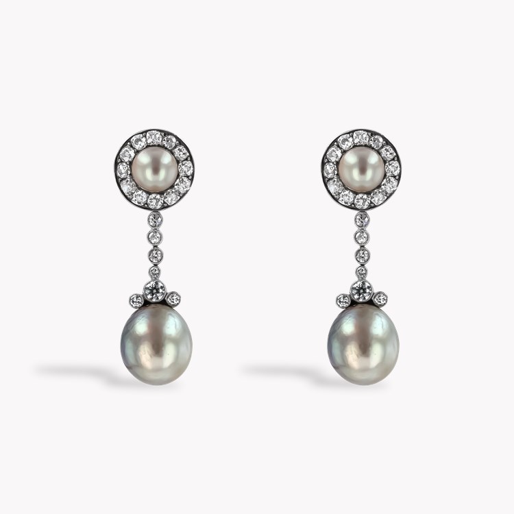 Belle Epoque Natural Pearl and Diamond Drop Earrings Old European Cut, Claw and Millegrain Set_1