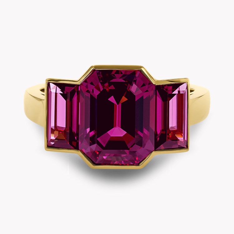 Kingdom 6.22ct Rhodolite Garnet Three Stone Ring Emerald Cut, Rubover Set_2