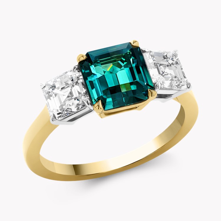 Emerald Cut 1.89ct Namibian Lagoon Tourmaline and Diamond Three Stone Ring Emerald Cut, Claw Set_1