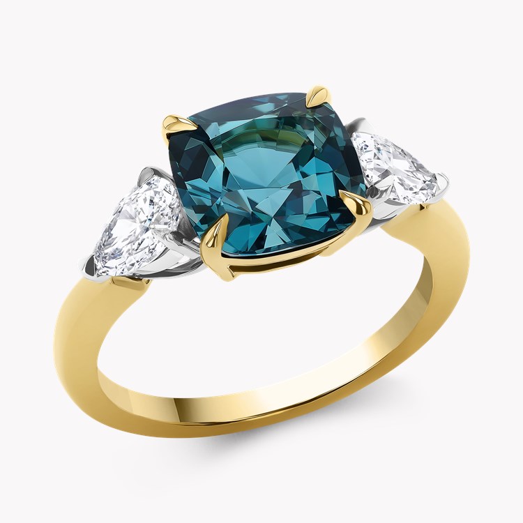 Cushion Cut 2.80ct Namibian Lagoon Tourmaline and Diamond Three Stone Ring Cushion modern cut, Claw set_1