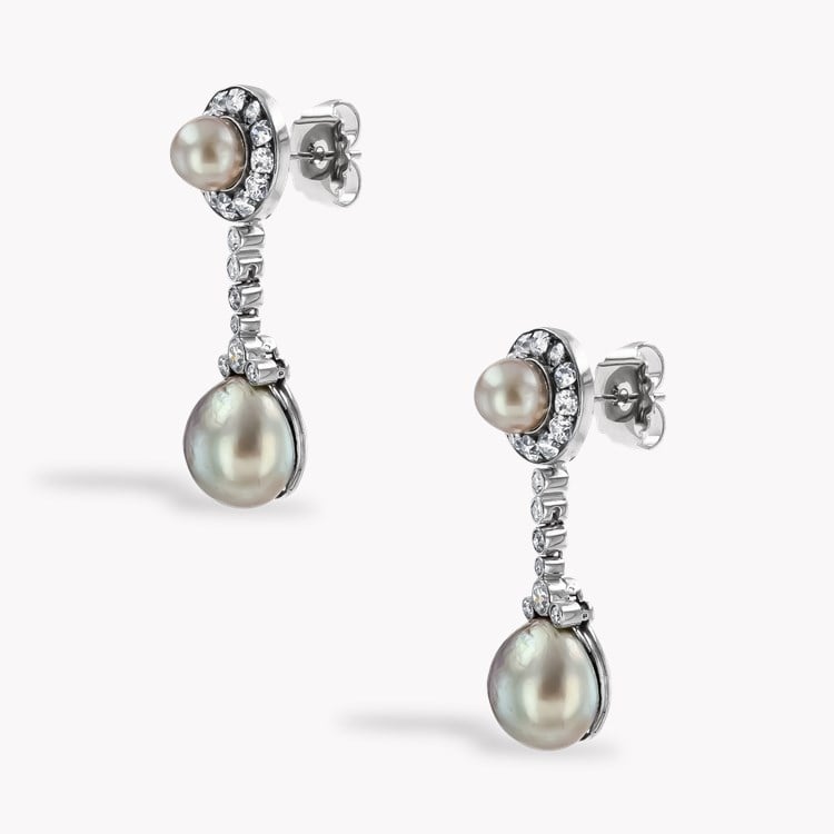 Belle Epoque Natural Pearl and Diamond Drop Earrings Old European Cut, Claw and Millegrain Set_2