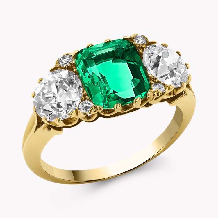 Victorian 2.00ct Emerald and Diamond Three Stone Ring Octagonal & Old European Cut, Claw Set_1