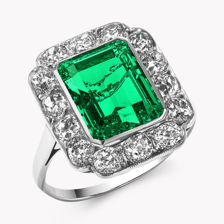 Art Deco 3.41ct Emerald and Diamond Cluster Ring Emerald Cut, Rubover Set_1