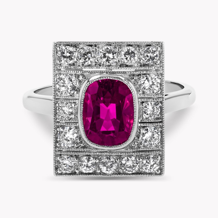 Art Deco 1.30ct Burmese Ruby and Diamond Plaque Ring Cushion Antique Cut, Millegrain_2