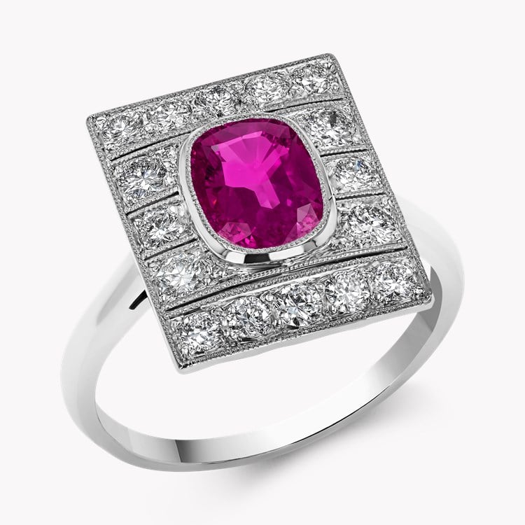 Art Deco 1.30ct Burmese Ruby and Diamond Plaque Ring Cushion Antique Cut, Millegrain_1