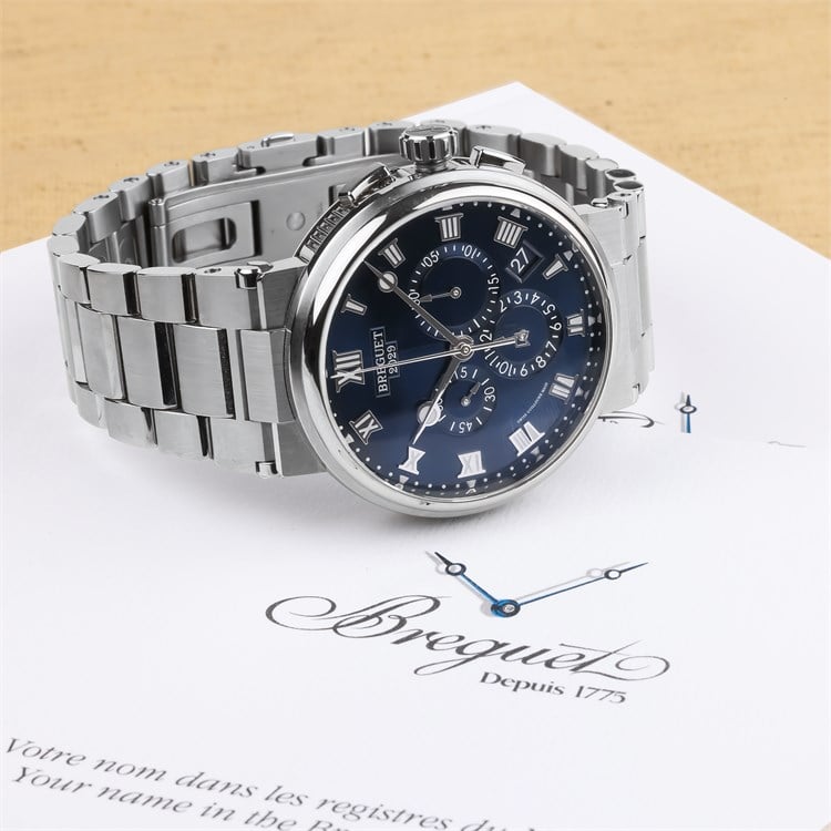 Pre Owned Breguet Marine Chonograph 5527TI Y1 TW0 Watch 42.3mm Blue Dial Roman Numerals