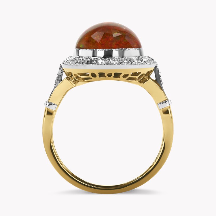 Edwardian 5.18ct Fire Opal and Diamond Halo Ring Cabochon Cut, Millegrain Set_3