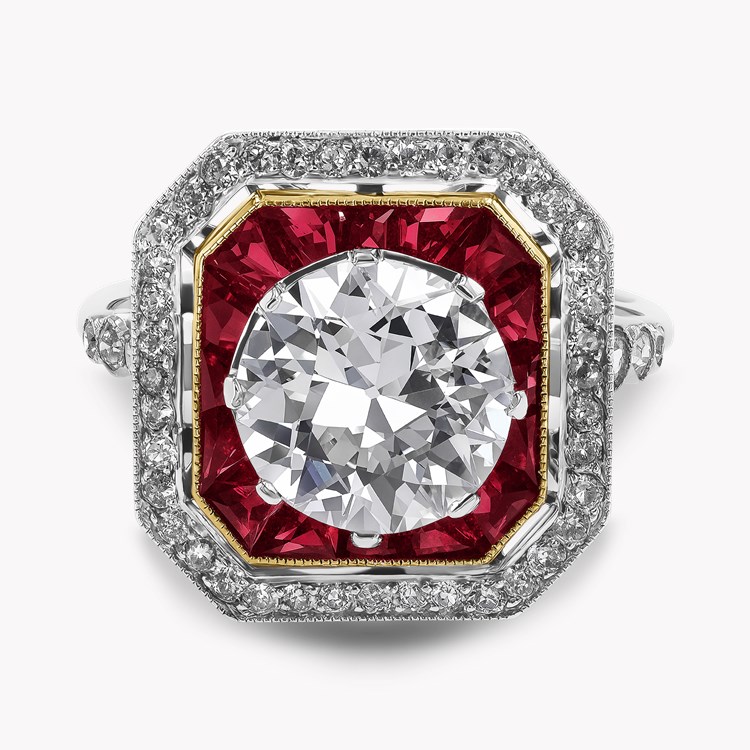 Belle Epoque 2.40ct Diamond and Ruby Octagonal Halo Ring Old European & Calibre Cut, Claw Set_2