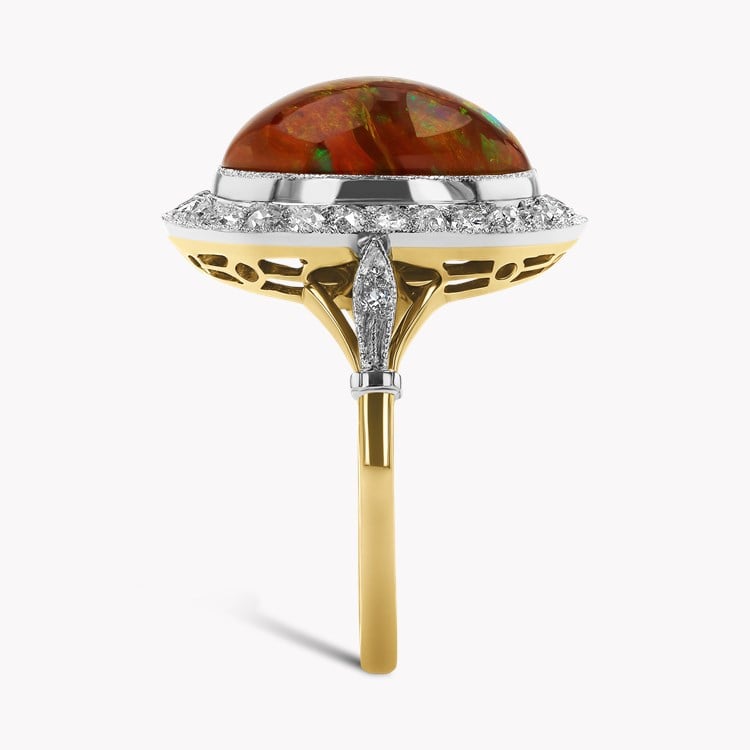 Edwardian 5.18ct Fire Opal and Diamond Halo Ring Cabochon Cut, Millegrain Set_4