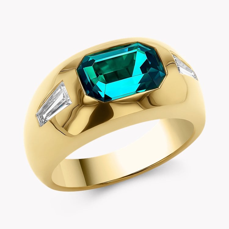 Stellar 2.71ct Namibian Indicolite Tourmaline and Diamond Bombe Ring Emerald & Tapered Baguette Cut, Rubover Set_1