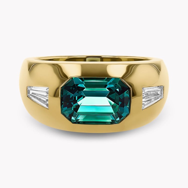 Stellar 2.71ct Namibian Indicolite Tourmaline and Diamond Bombe Ring Emerald & Tapered Baguette Cut, Rubover Set_2