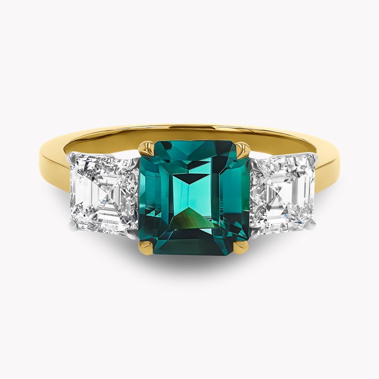 Emerald Cut 1.89ct Namibian Lagoon Tourmaline and Diamond Three Stone Ring Emerald Cut, Claw Set_2