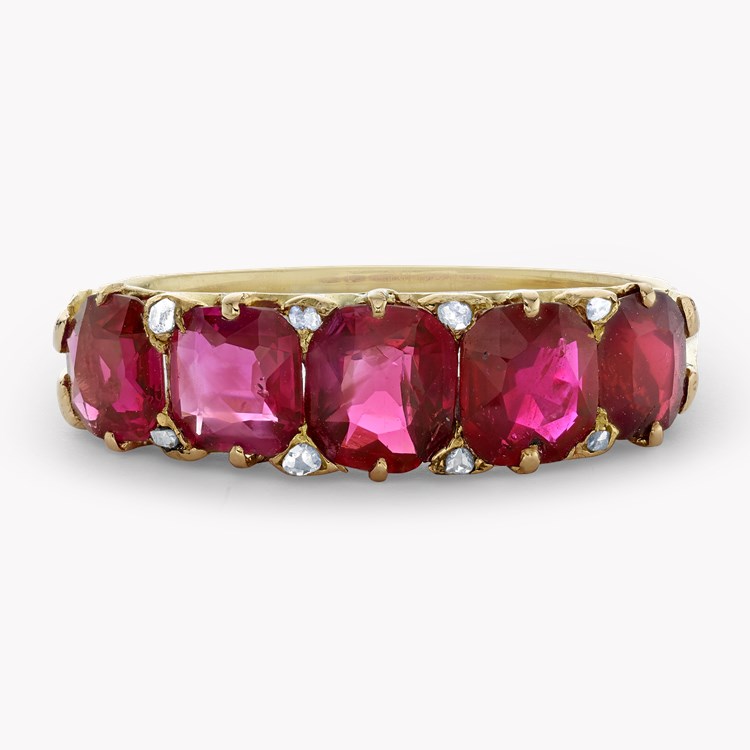 Victorian Five Stone Burmese Ruby Ring in 18ct Yellow Gold