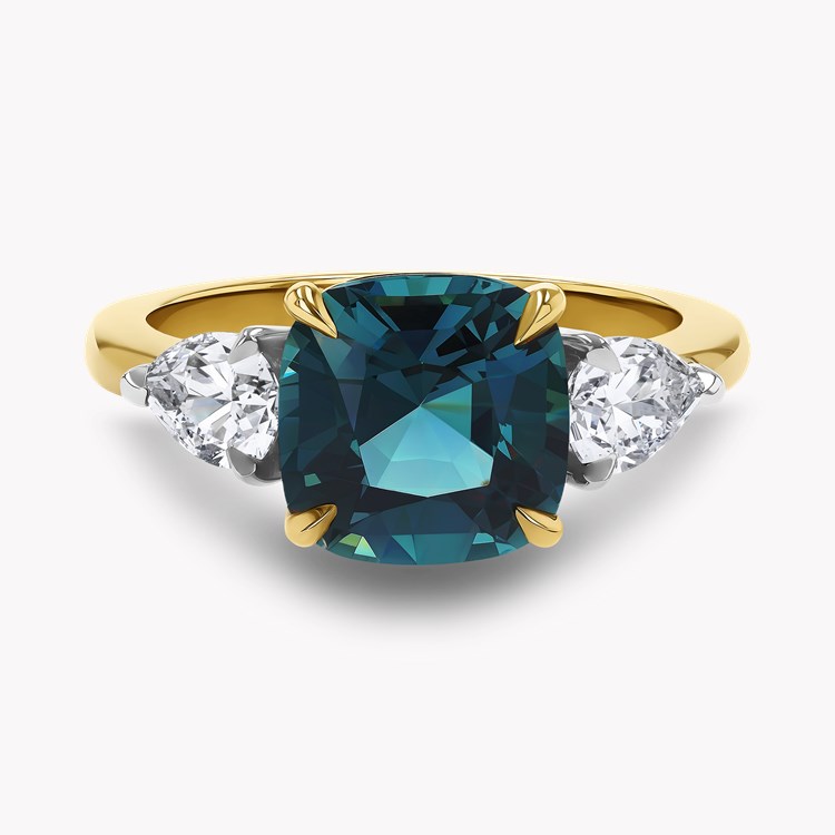 Cushion Cut 2.80ct Namibian Lagoon Tourmaline and Diamond Three Stone Ring Cushion modern cut, Claw set_2