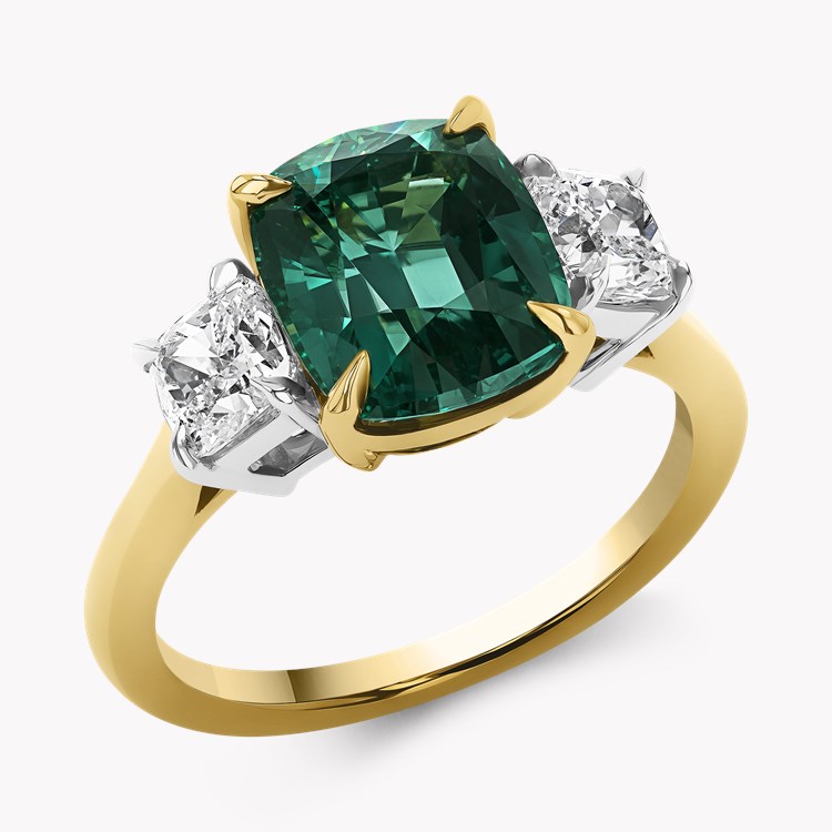 Cushion Cut 3.52ct Namibian Lagoon Tourmaline and Diamond Three Stone Ring Cushion modern cut, Claw set_1