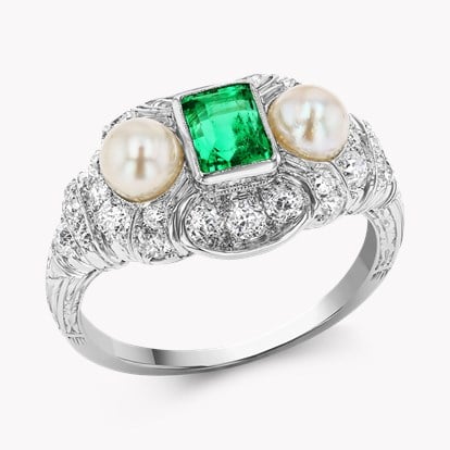 Edwardian 0.46ct Emerald Cut Emerald, Pearl and Diamond Ring in Platinum