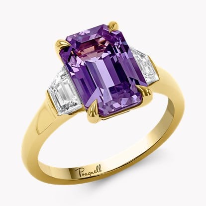 Masterpiece 4.52ct Sri Lankan Violet Sapphire and Diamond Three Stone Ring in 18ct Yellow Gold and Platinum