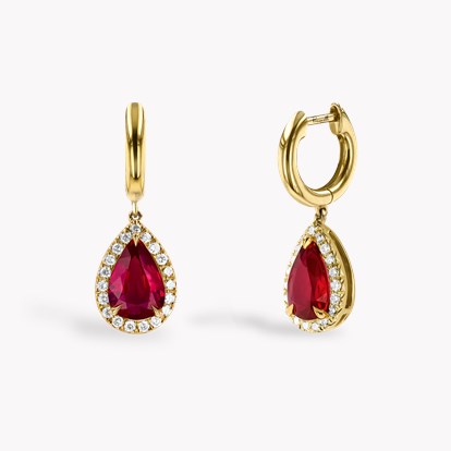 Pear Shaped 2.50ct Ruby and Diamond Drop Earrings in 18ct Yellow Gold