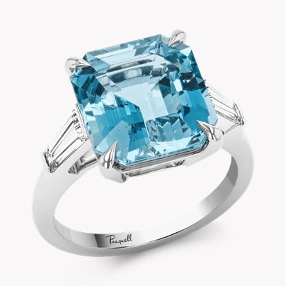 Emerald Cut 6.42ct Lukusuzi Aquamarine and Diamond Ring in Platinum