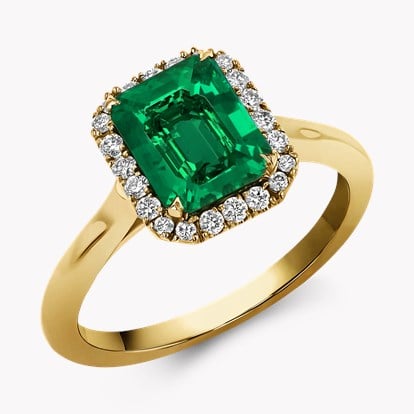 Emerald Cut 1.63ct Colombian Emerald and Diamond Cluster Ring in 18ct Yellow Gold