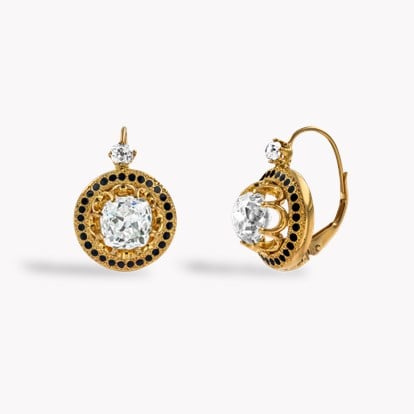 Victorian Cushion Cut Diamond Drop Earrings in 18ct Yellow Gold and Enamel