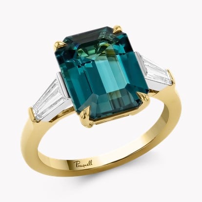 Emerald Cut 4.72ct Namibian Lagoon Tourmaline and Diamond Ring in 18ct Yellow Gold