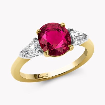 Oval Cut 2.08ct Ruby and Diamond Three Stone Ring in 18ct Yellow Gold