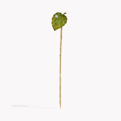 Art Nouveau Diamond Plique a Jour Green Leaf Stick Pin in 18ct Yellow Gold