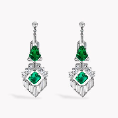 Art Deco 4.14ct Muzo Emerald and Diamond Chandelier Drop Earrings in Platinum and 18ct White Gold