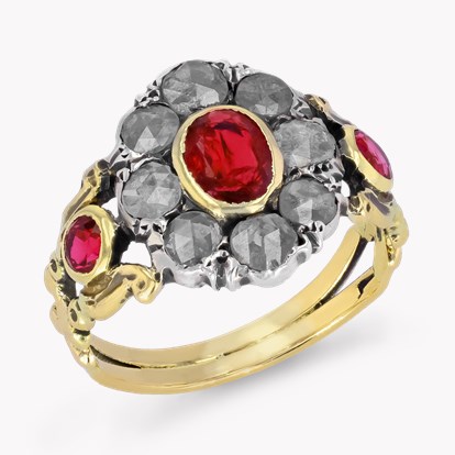 Georgian Ruby & Diamond Floral Cluster Ring 0.45ct in 18ct Yellow Gold & Silver