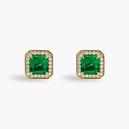 Square Cut 1.92ct Emerald and Diamond Stud Earrings in 18ct Yellow Gold