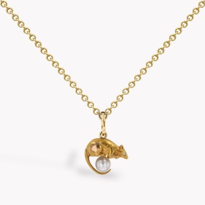 Victorian Pearl and Diamond Mouse Pendant in 9ct Yellow Gold