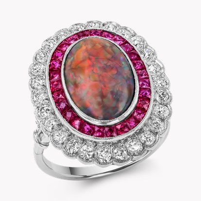 Oval Cut Opal, Diamond and Ruby Cluster Ring in Platinum