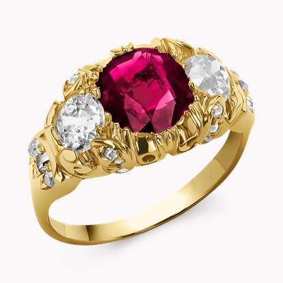 Victorian Burmese Ruby and Diamond Three Stone Ring