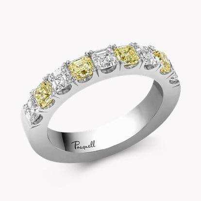 Yellow and White Asscher Cut Diamond Half Eternity Ring 1.96ct in Platinum