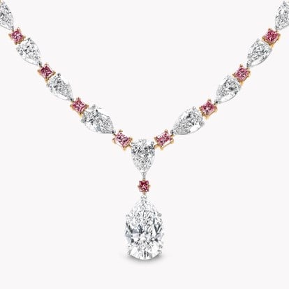 Masterpiece Pear Shaped Diamond and Fancy Intense Pink Diamond Necklace in Platinum & 18ct Rose Gold