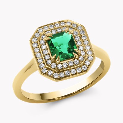 0.69ct Emerald and Diamond Double Halo Cluster Ring in 18ct Yellow Gold