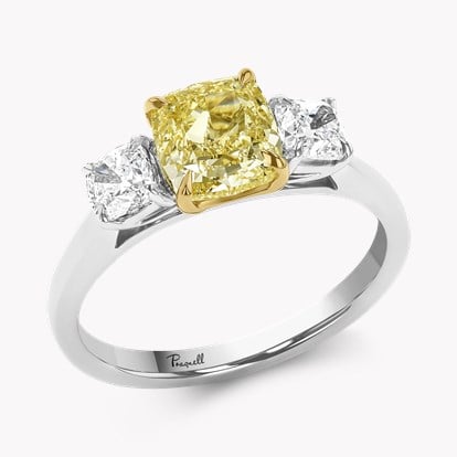 Cushion Cut 1.66ct Fancy Yellow Diamond Three Stone Ring in 18ct White and Yellow Gold