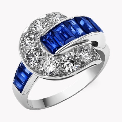 Art Deco Sapphire and Diamond Buckle Ring in White Gold and Platinum