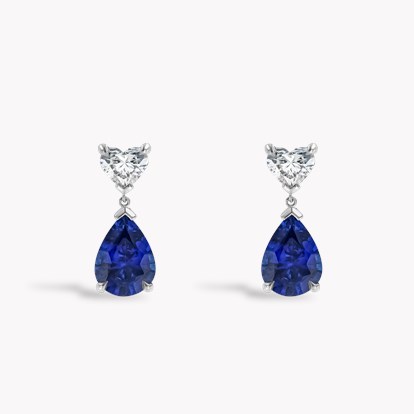 Pearshape 2.37ct Sapphire and Heart Diamond Drop Earrings in 18ct White Gold