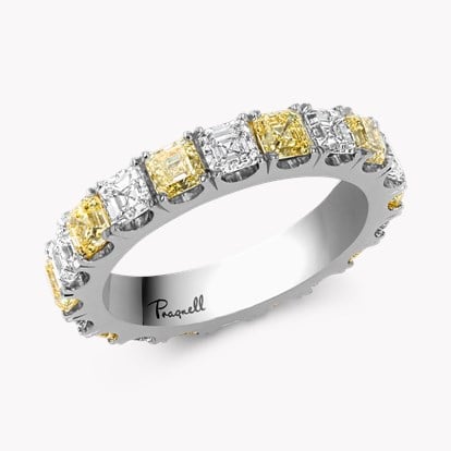 Yellow and White Asscher Cut Diamond Full Eternity Ring 4.64cts in Platinum