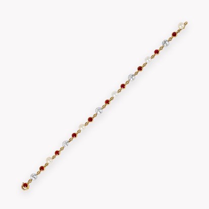 Edwardian Ruby, Diamond and Pearl Bracelet in 18ct Yellow Gold and Platinum