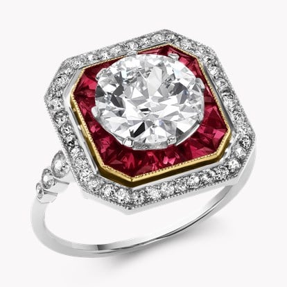 Belle Epoque 2.40ct Diamond and Ruby Octagonal Halo Ring in Platinum and 18ct Yellow Gold