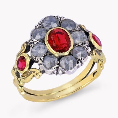 Georgian Ruby & Diamond Floral Cluster Ring 0.45ct in 18ct Yellow Gold & Silver